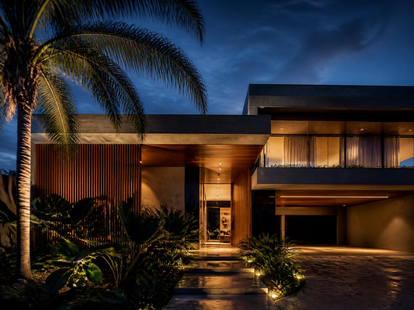 Residência contemporânea brasileira iluminada ao anoitecer