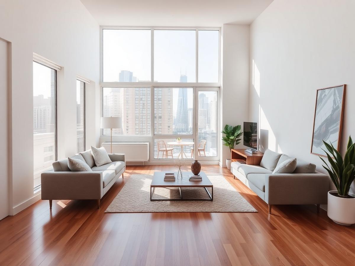 Sala de estar clara e ampla com vista para a cidade